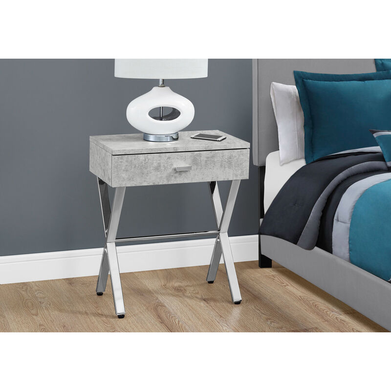 Monarch Specialties I 3264 Accent Table, Side, End, Nightstand, Lamp, Storage Drawer, Living Room, Bedroom, Metal, Laminate, Grey, Chrome, Contemporary, Modern