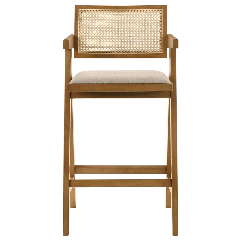Jane Barstool Chair Set of 2, Sand Beige Rattan, Walnut Brown Solid Wood - Benzara