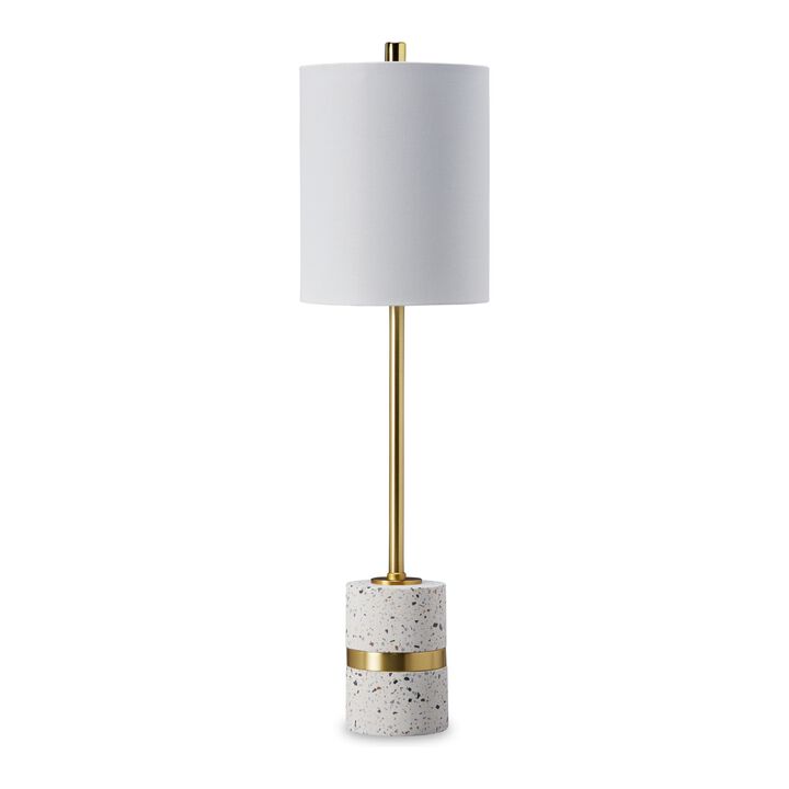 Joen 31 Inch Modern Table Lamp, Round White Terrazzo Base, Gold Brass Metal - Benzara