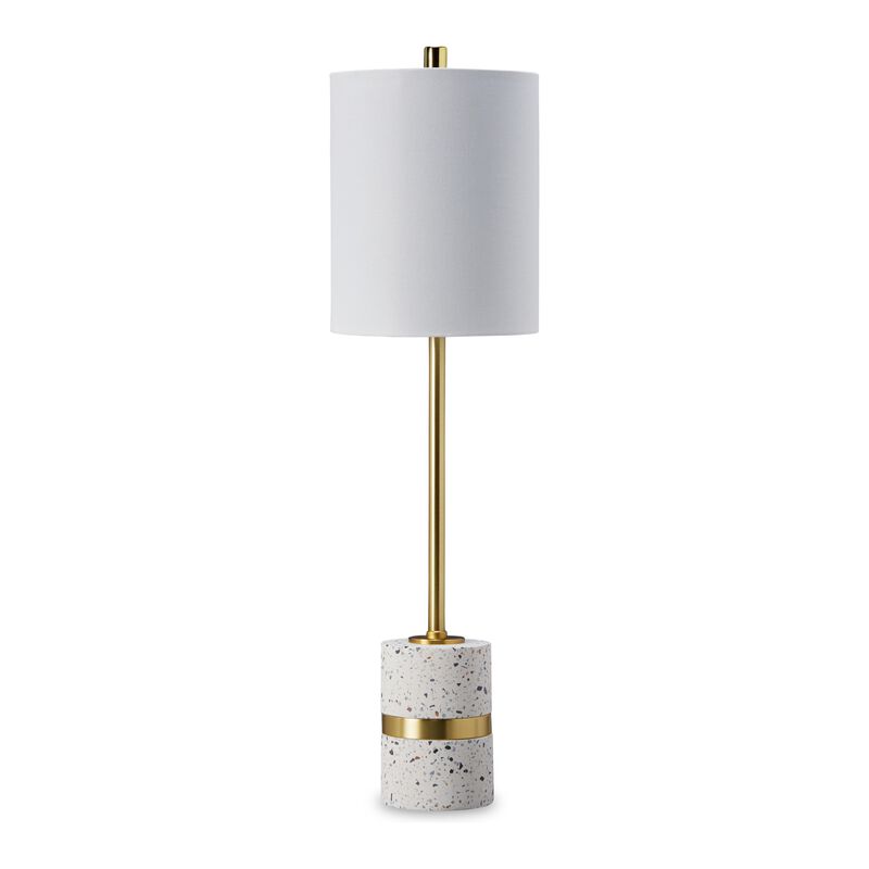 Joen 31 Inch Modern Table Lamp, Round White Terrazzo Base, Gold Brass Metal - Benzara