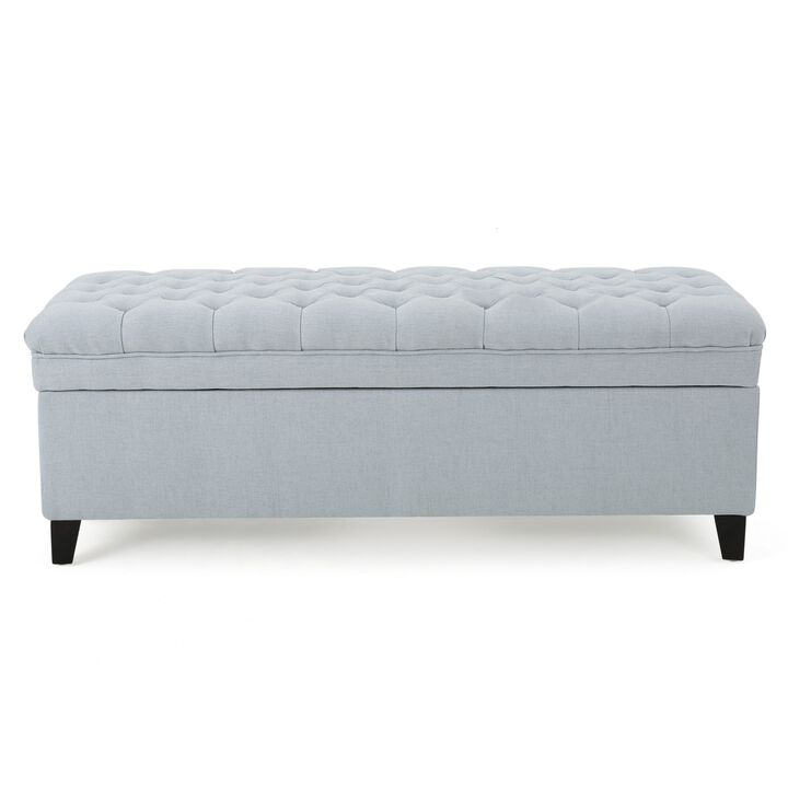Rhya Storage Ottoman Bench, Light Blue Fabric, Black Wood, 50 Inch - Benzara
