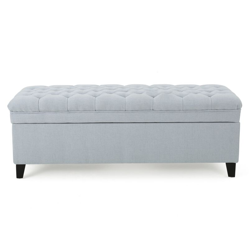 Rhya Storage Ottoman Bench, Light Blue Fabric, Black Wood, 50 Inch - Benzara