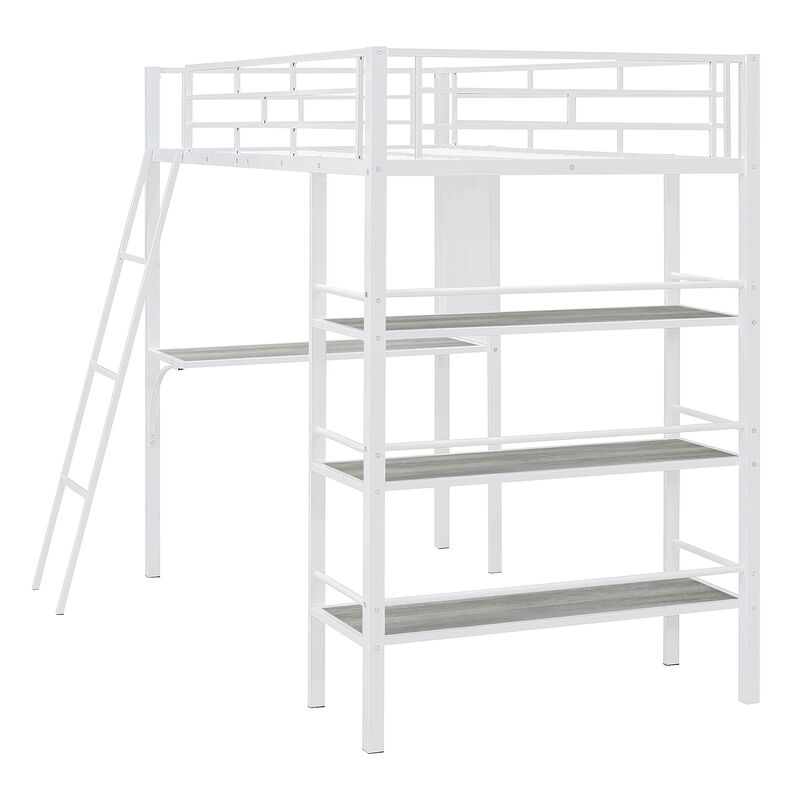 Merax Metal Loft  Bed with  Desk and 3 Layers of Shelves