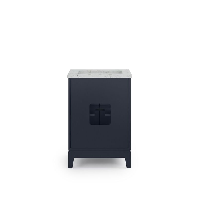 Elizabeth 24 In. Single Sink Carrara White Marble Countertop Bath Vanity In Monarch Blue with Satin Gold Hardware