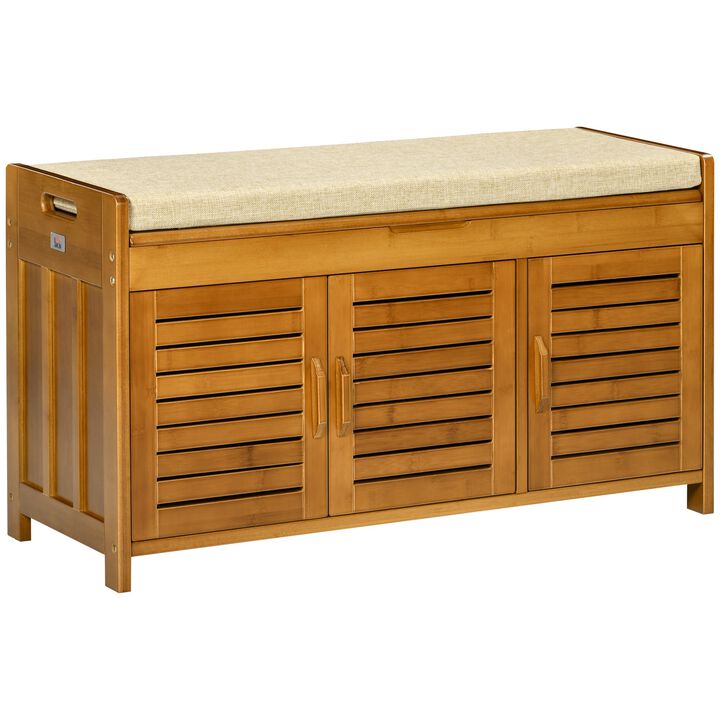 Brown Entryway Storage: Bamboo Shoe Bench with Cushion & Cabinets