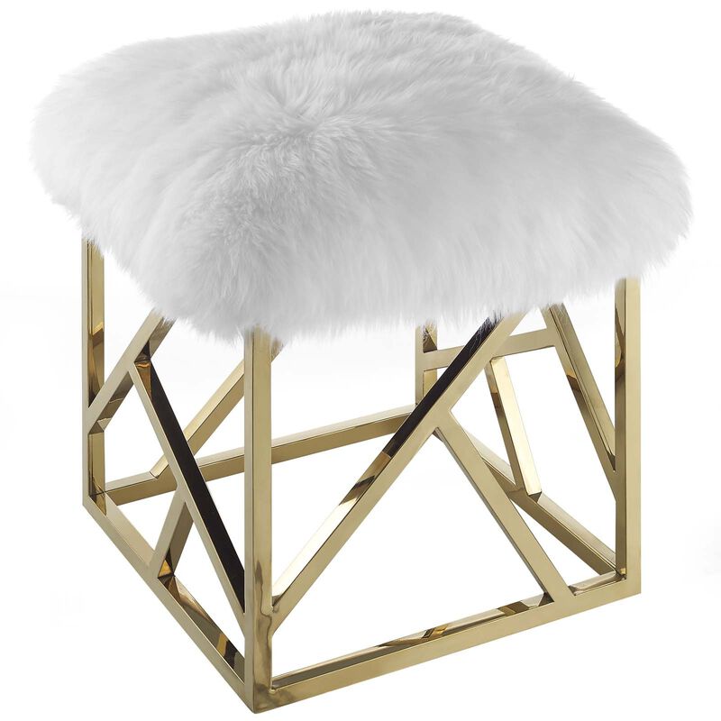 Modway Intersperse Sheepskin Ottoman With Geometric Frame in Gold White
