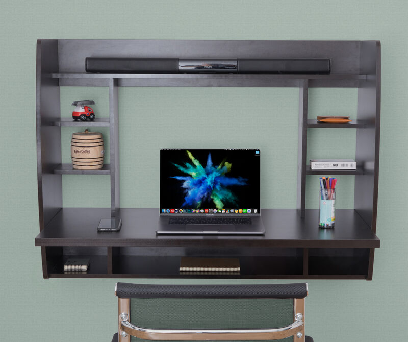 Wall Mount Laptop Office Desk with Shelves, Brown