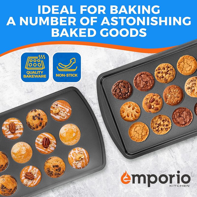 Stackable Baking Pan Set - Deluxe Nonstick White Marble Coating, Carbon Steel Bakeware Sets, PFOA, PFOS, PTFE Free, Recipe Booklet Included, Oven Safe (Up to 450°F), Set of 7 - Black