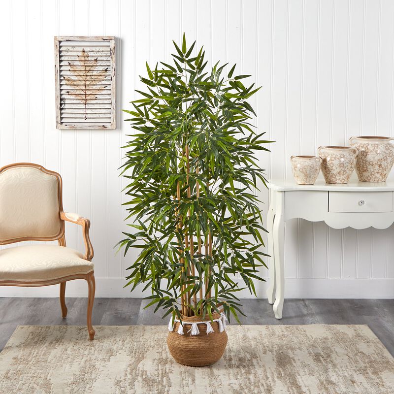 Hivvago 64 Inches Bamboo Artificial Tree with Natural Bamboo Trunks in Boho Chic Handmade Natural Cotton Woven Planter with Tassels