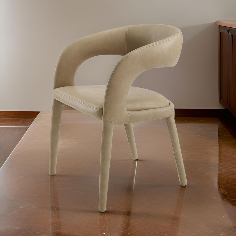 Cid Taya 24 Inch Dining Chair, Carved Back, Tapered Legs, Tan Faux Leather - Benzara