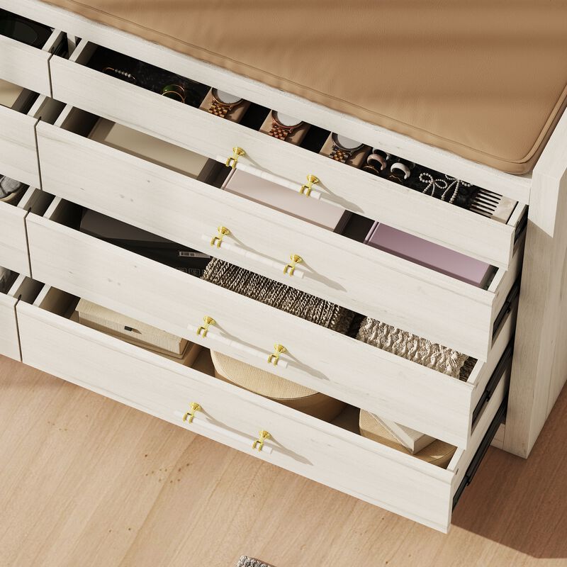 FUFU&GAGA 8-Drawer Bedroom Island Storage Cabinet, White Finish with Wood Grain, Gold and White Handles (66.5" W x 23.6" D x 31.5" H),White