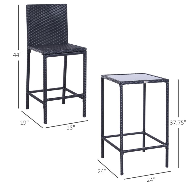 Alfresco Bar Ensemble: 3-Piece Black Wicker Counter Set with Glass Top