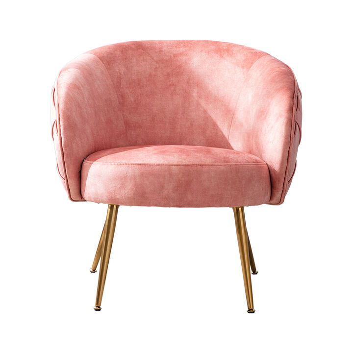 Anvi 30 Inch Accent Chair, Curved Back, Woven Diamond Pattern, Pink, Gold-Benzara