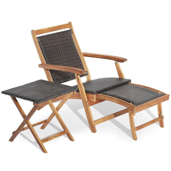 Hivvago 2 Pieces Patio Rattan Folding Lounge Chair with Acacia Wood Table
