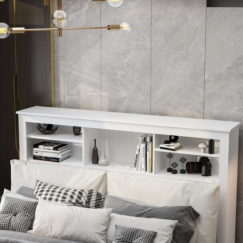 White Full Queen Wood Headboard Shelf with Socket Adapter USB Interface, Shelves and LED Lights