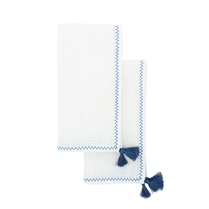 Linen Napkins With Navy Tassels, Set of 4