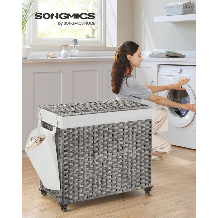 Handwoven 160L Rattan-Style Laundry Hamper with 3 Compartments and Removable Liner