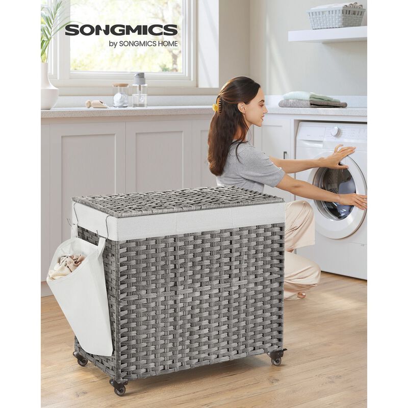 Handwoven 160L Rattan-Style Laundry Hamper with 3 Compartments and Removable Liner
