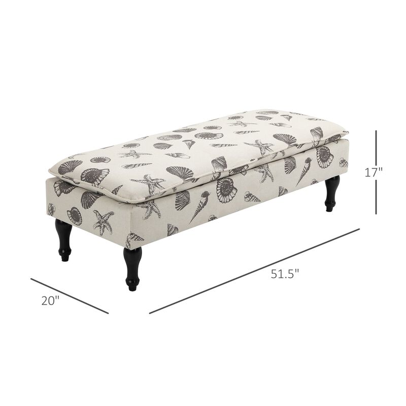 Beige Bedroom Bench: Linen-Touch Ottoman with Seashell Design