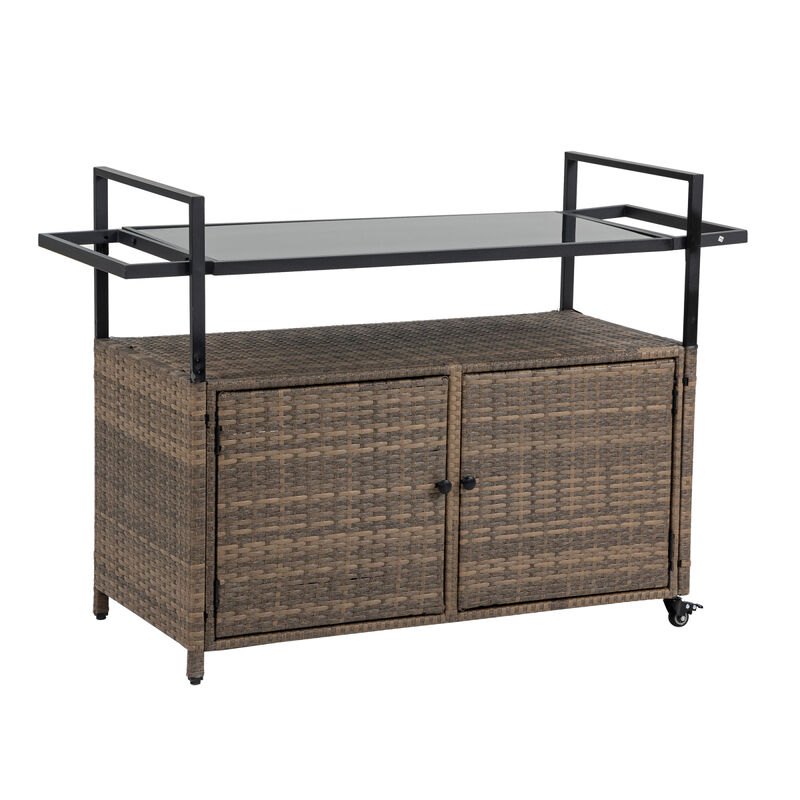 Outdoor Wicker Bar Cart with Glass Top