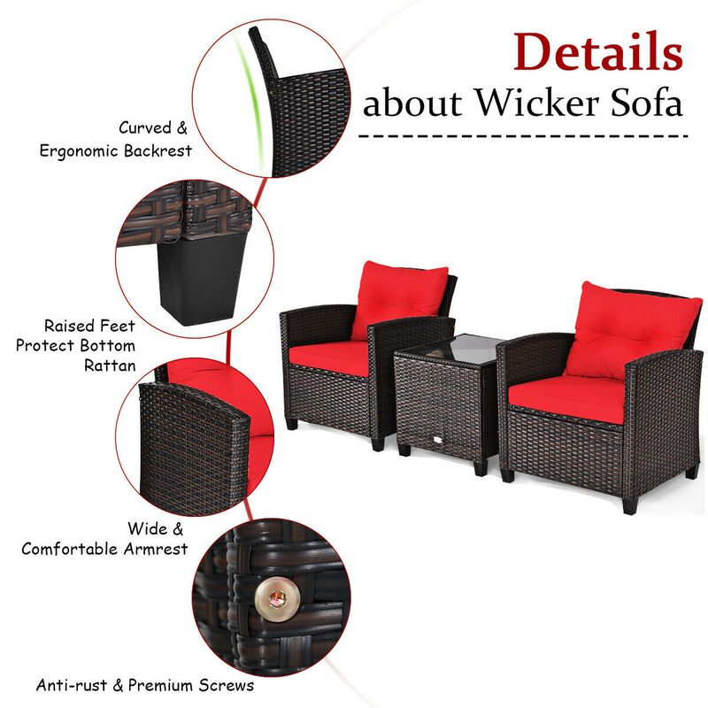 3 Pcs Patio Rattan Furniture Set Cushioned Conversation Set Coffee Table