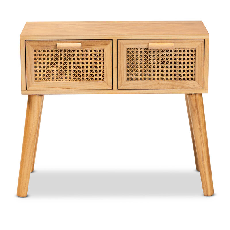Baxton Studio Falan  Oak Brown Finished Wood 2 Drawer Console Table with Rattan
