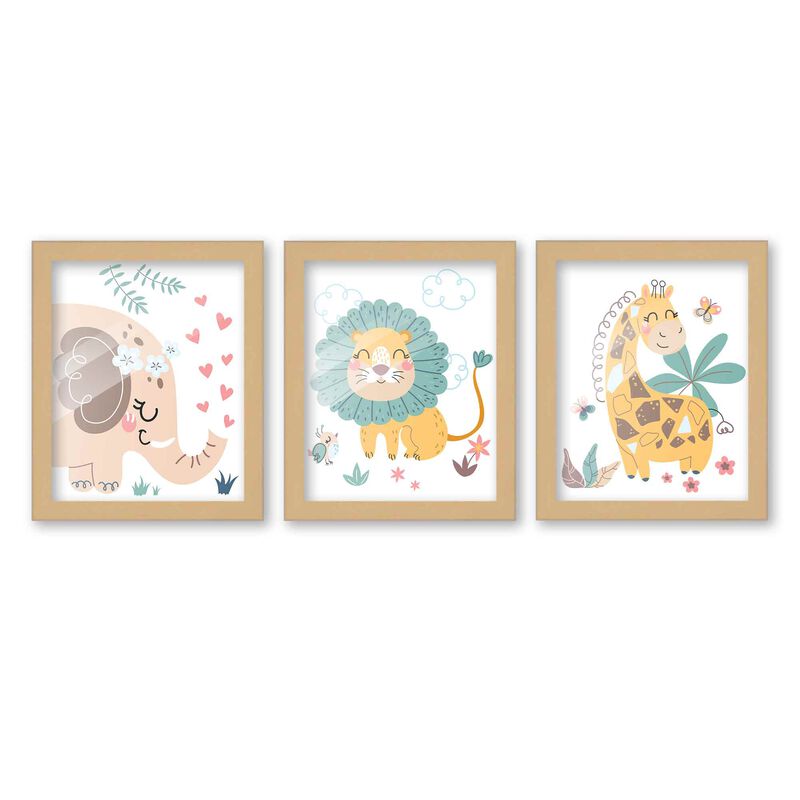 8x10 Framed Nursery Wall Art Set of 3 Hand Drawn Boho Safari Animal Prints in Natural Wood Frames