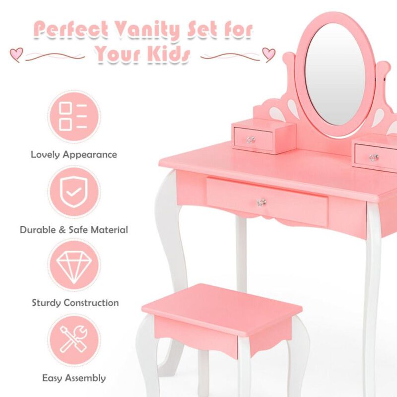Hivvago Kids Vanity Princess Makeup Dressing Table Stool Set with Mirror and Drawer
