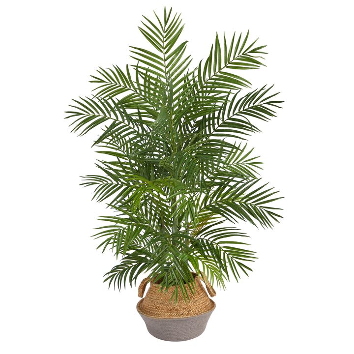 Hivvago 4 Feet Areca Artificial Palm Branches in Boho Chic Handmade Cotton & Jute Gray Woven Planter