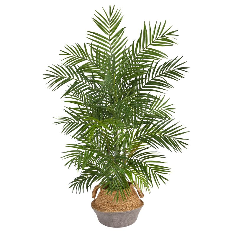 Hivvago 4 Feet Areca Artificial Palm Branches in Boho Chic Handmade Cotton & Jute Gray Woven Planter