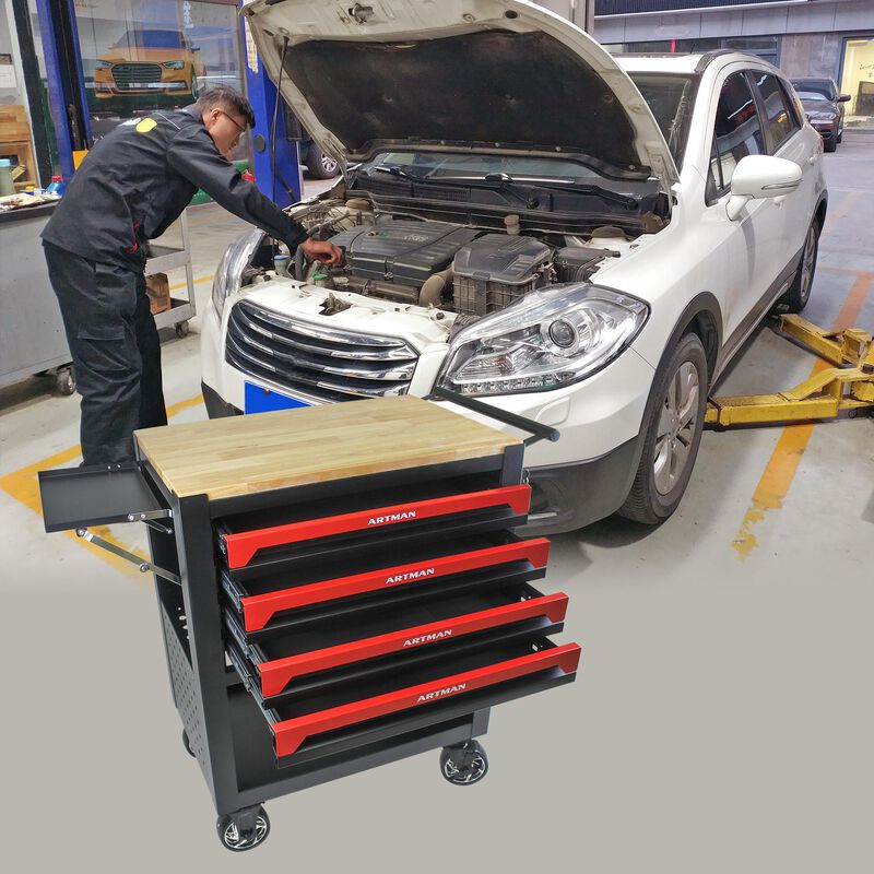 4-Drawer Rolling Tool Cart with Wooden Top Portable Storage Cabinet for Garage & Workshop