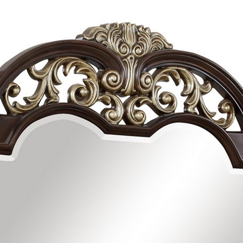 Benjara Liana 54 Inch Dresser Mirror, Crown Carvings, Wood, Tone Scrolling, Brown, Gold