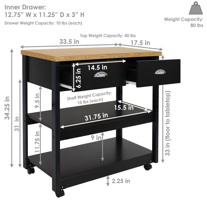 Sunnydaze Farmhouse Kitchen Cart with Drawers and Shelves - Black - 34.25in