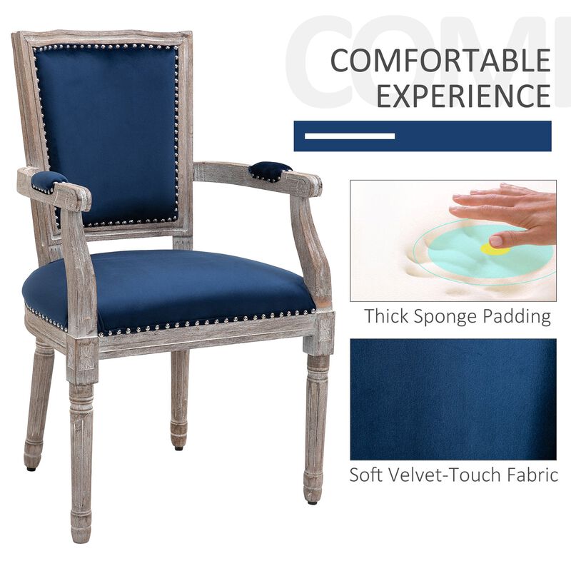 Blue Velvet Dining Chair: Vintage High Back Chair with Armrests, Solid Wood Legs