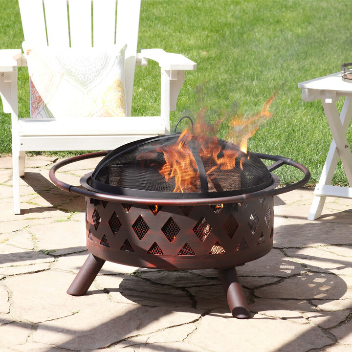Sunnydaze 30 in Crossweave Steel Fire Pit with Screen, Poker, and Grate