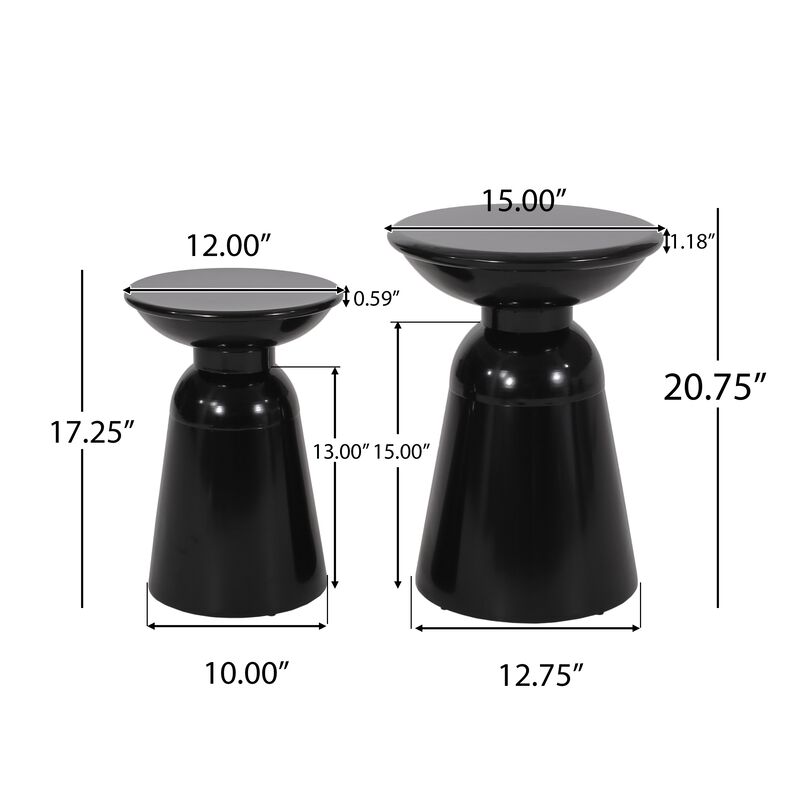 Side End Table Set of 2, Round Taper Top, Pedestal Base, Black Metal - Benzara