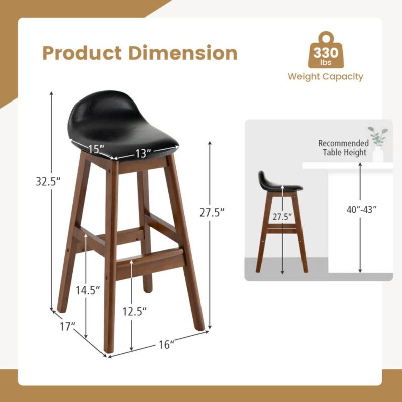 Hivvago 27.5 Inch Set of 2 Upholstered PU Leather Barstools with Back Cushion-Brown