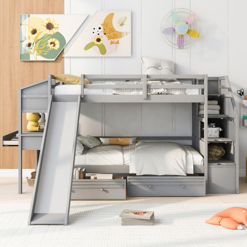 Twin Over Twin Bunk Bed With Storage Staircase, Slide And Drawers, Desk With Drawers And Shelves