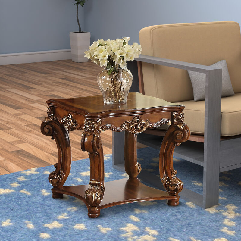 Square Top End Table With Scrolled Leg And Bottom Shelf, Cherry Brown-Benzara
