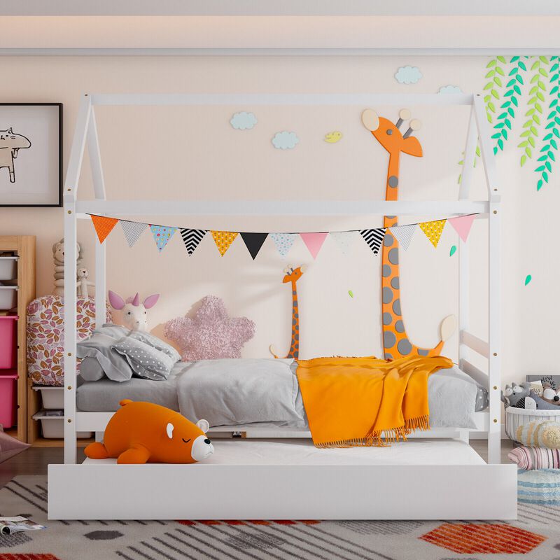 Kids Platform Bed Frame with Roof for Bedroom