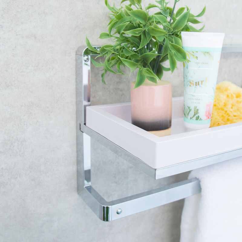 Wall Mounted Chrome Towel Rack and Wall Shelf with Removable White Tray
