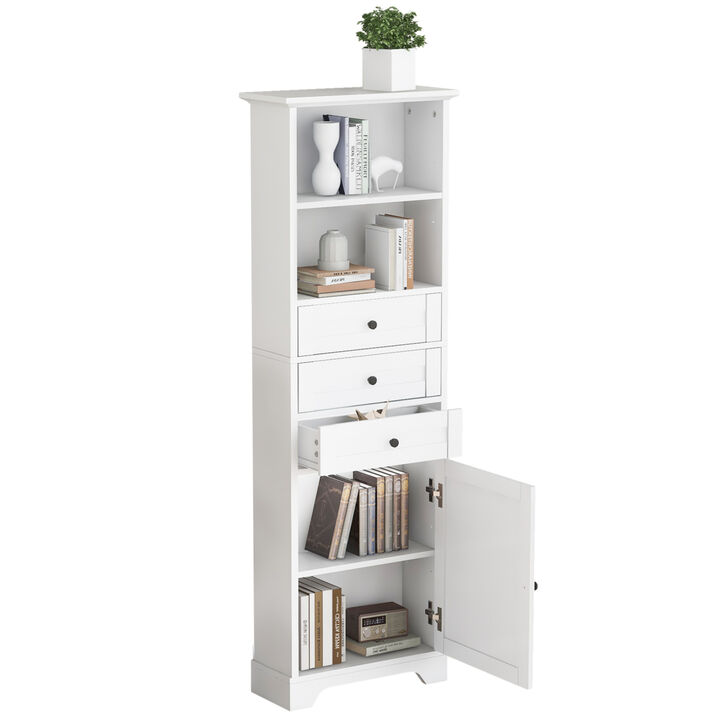 White Tall Storage Cabinet with 3 Drawers and Adjustable Shelves