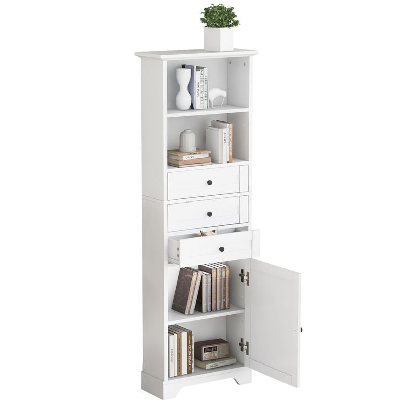White Tall Storage Cabinet with 3 Drawers and Adjustable Shelves
