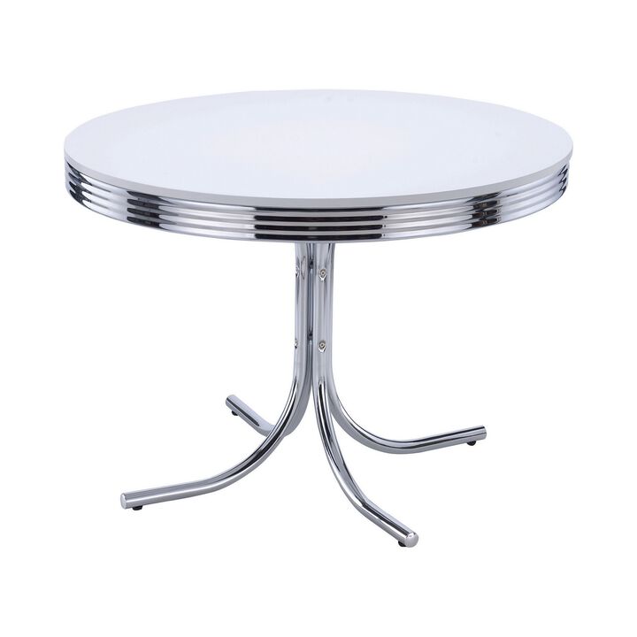 Loy 42 Inch Round Dining Table, Glossy White Wood Top, Ribbed Chrome Apron - Benzara