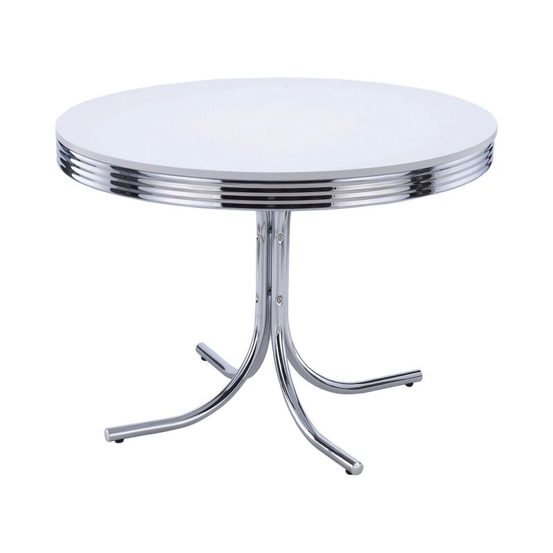 Loy 42 Inch Round Dining Table, Glossy White Wood Top, Ribbed Chrome Apron - Benzara