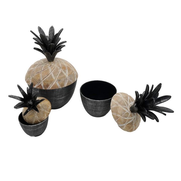 14, 12, 11 Inch Lidded Jar, Pineapple Design, Gray Mango Wood, Set of 3-Benzara