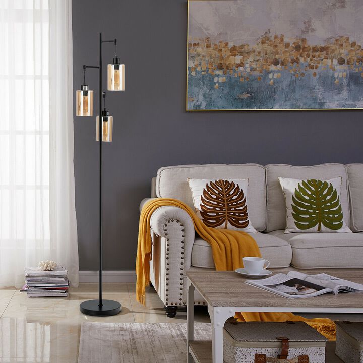 Floor Lamp with 3-Head Hanging Amber Glass Shades for Living Room or Bedroom Decor