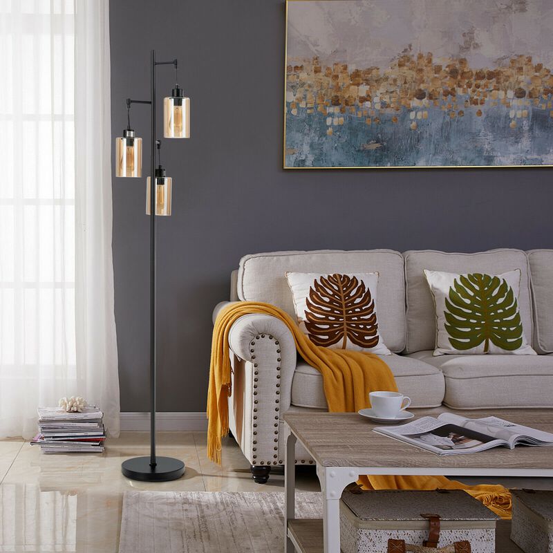 Floor Lamp with 3-Head Hanging Amber Glass Shades for Living Room or Bedroom Decor