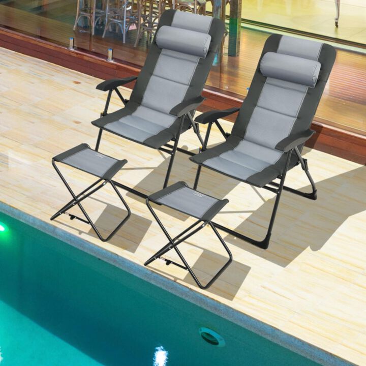 Hivvago Set of 2 Patiojoy Patio Folding Dining Chair with Ottoman Set Recliner Adjustable-Gray