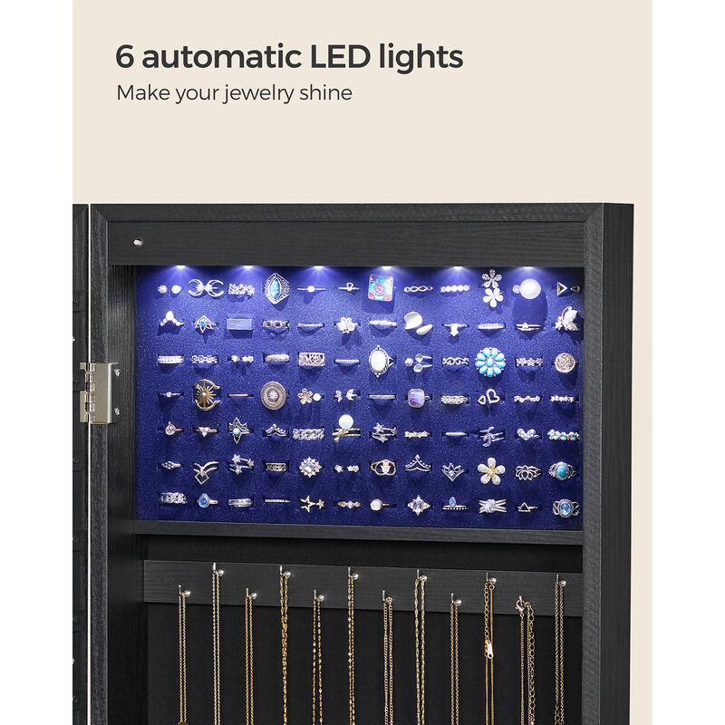 Mirror Jewelry Armoire with 6 LEDs - 47.2" Lockable Wall/Door Mounted Cabinet with 2 Drawers